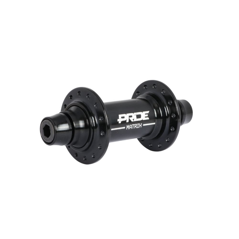 Pride Matrix 10mm Front Hub 36 Hole features durable Aluminium 6061-T6 construction, axle ends, and 36 holes, all in a sleek black finish.