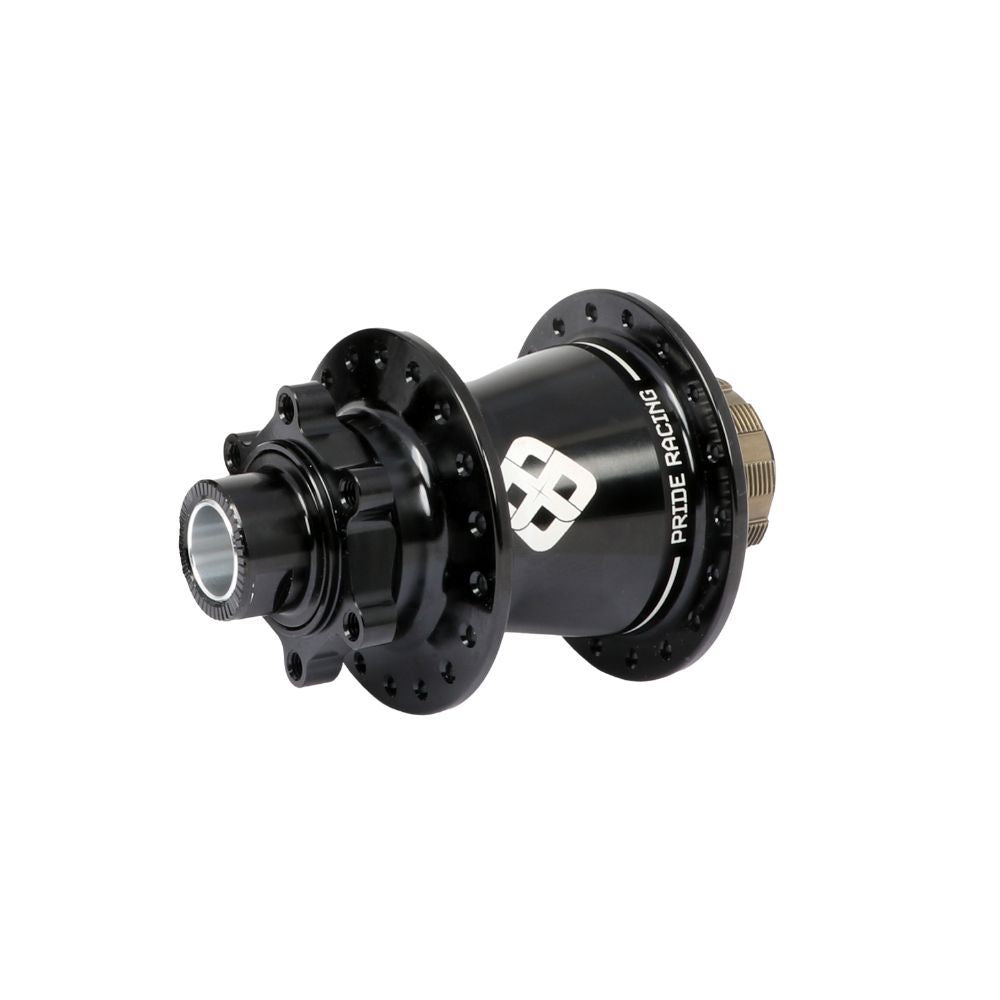 Pride Matrix 15mm Rear Hub 28 Hole for BMX racing, features instant engagement, 28 spoke holes, disc brake mount, and a metal freehub body on a white background.