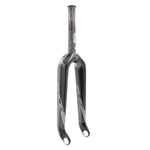 Close-up view of a black Pride Slik 2.0 Expert carbon bicycle fork with visible branding and a tapered steerer tube, ideal for race bikes.