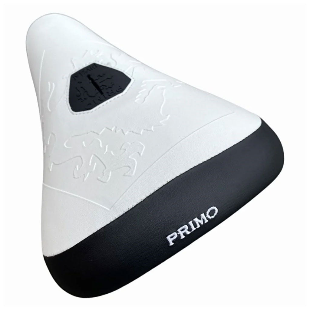 White and black Primo Balance Pivotal bicycle seat with decorative patterns on a white background.