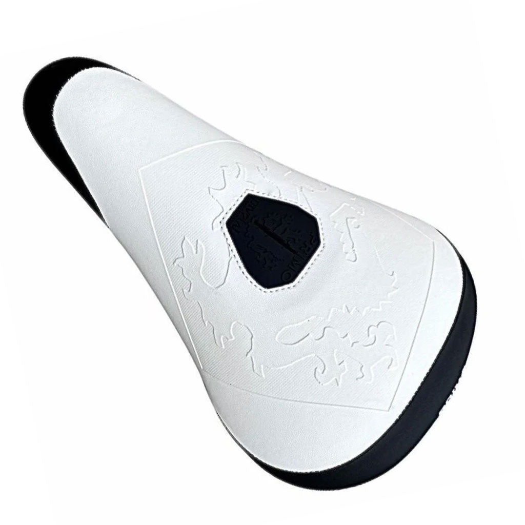 White and black Primo Balance Pivotal Seat with an intricate embossed design, isolated on a white background.