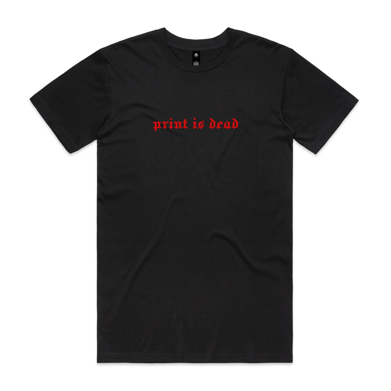 The Cactus BMX Mag Print is Dead T-Shirt Black features red gothic "print is dead" text on a black cotton tee, honoring the legacy of Cactus BMX Mag.