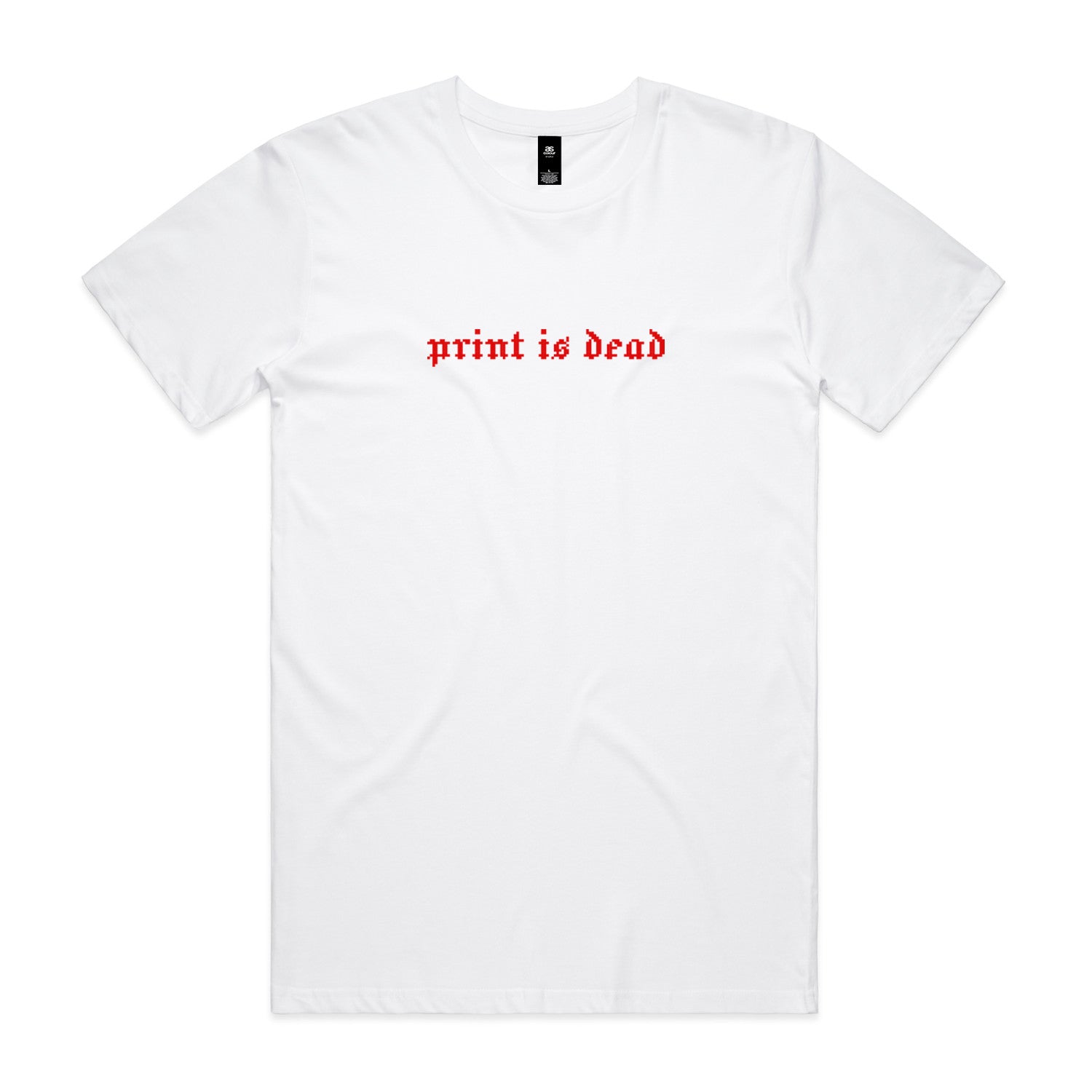 The Cactus BMX Mag Print is Dead T-Shirt White features bold red Gothic "print is dead" text centered on midweight cotton. Limited run.