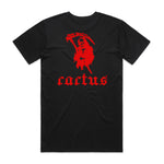 The Cactus BMX Mag Print is Dead T-Shirt Black features a red pixelated Grim Reaper graphic on the front and "cactus" on the back, inspired by the original Cactus BMX Mag Print is Dead tee.