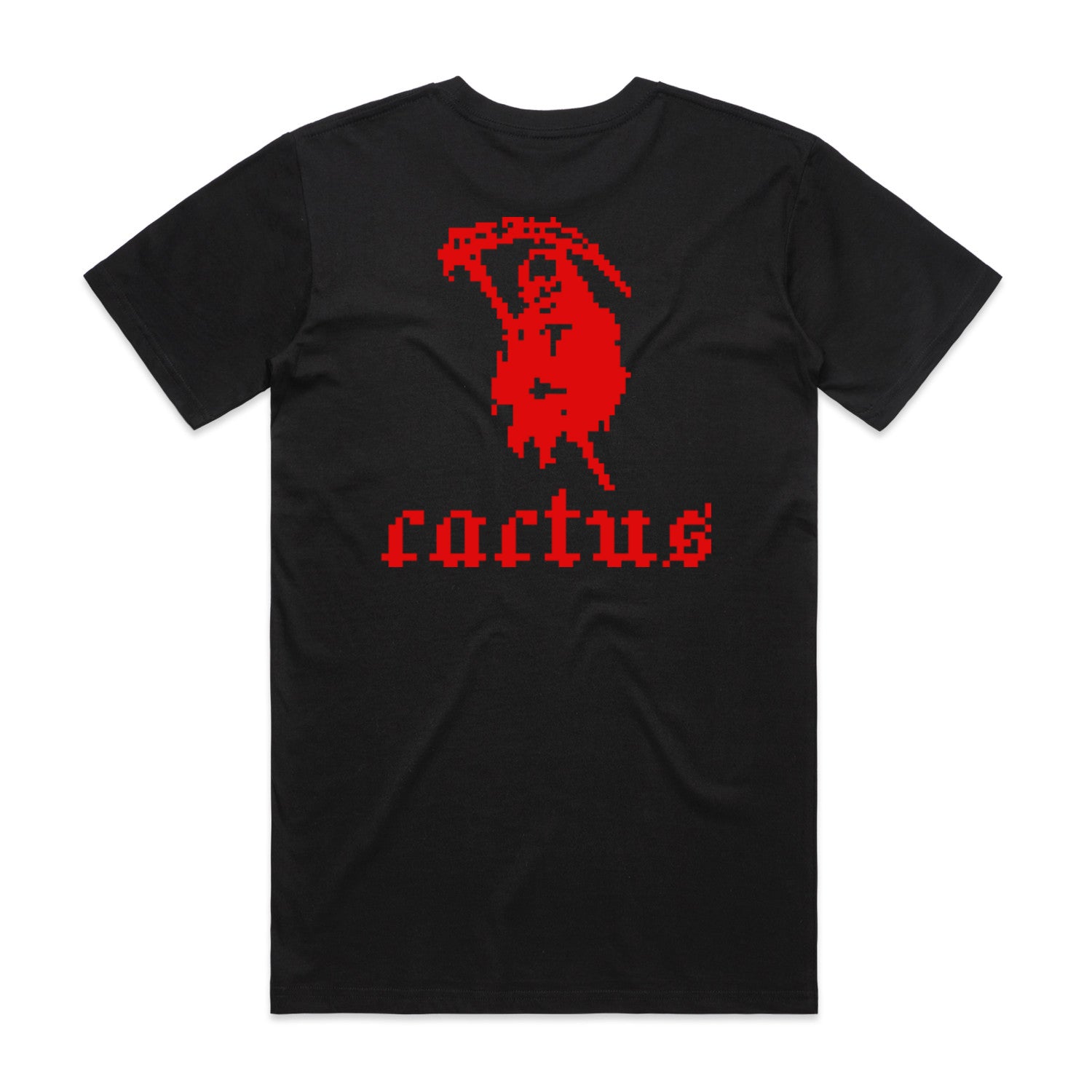 The Cactus BMX Mag Print is Dead T-Shirt Black features a red pixelated Grim Reaper graphic on the front and "cactus" on the back, inspired by the original Cactus BMX Mag Print is Dead tee.