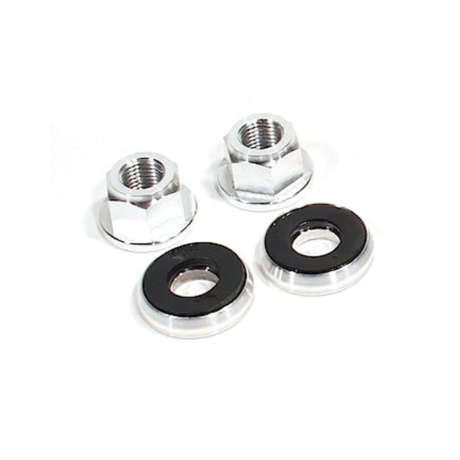 A pair of black Profile 3/8 Axle Nut and Washer Sets on a white background, known as an axle nut set from Profile Racing.