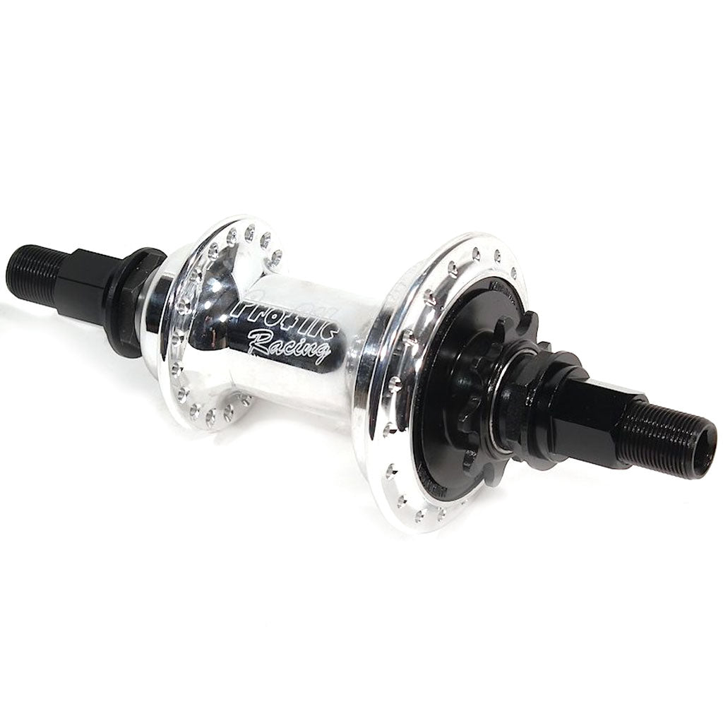 A metallic bicycle hub with black axles and flanges, marked "Profile Racing" on the body, exemplifies premium Profile Elite Rear Cassette Hub designed for competitive BMX Racing.