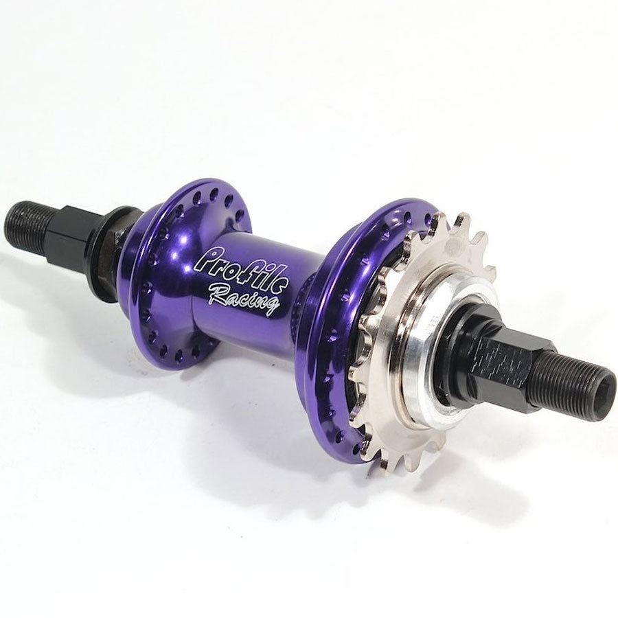 A purple Profile Elite Hub (Titanium Driver & Bolts) on a white background, ideal for BMX Racing.