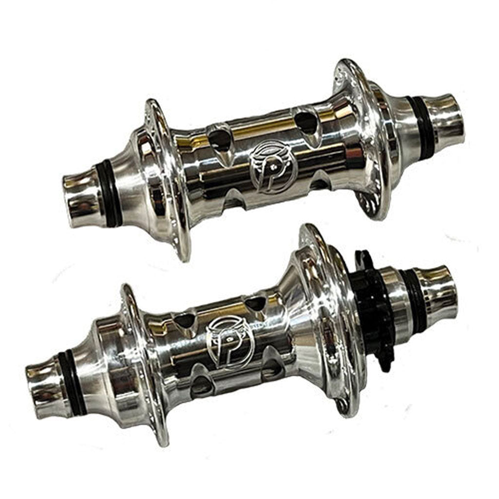 The PROFILE Limited Edition Cat's Eye Hub Set features two polished silver hubs with cutout holes and engraved logos, displayed side by side on a white background—an exclusive choice for discerning cyclists.