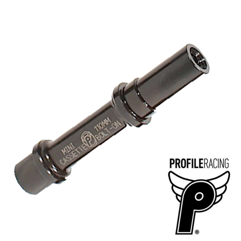 Profile Mini Cro-Mo Rear Axle with a 120mm axle length in black, shown alongside the Profile Racing logo.