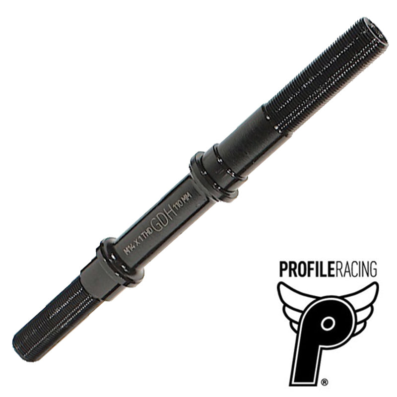 A black Profile Mini Cro-Mo Rear Axle from Profile Racing with threaded ends, marked "GDH 175MM." The Profile Racing logo is visible in the bottom right corner.