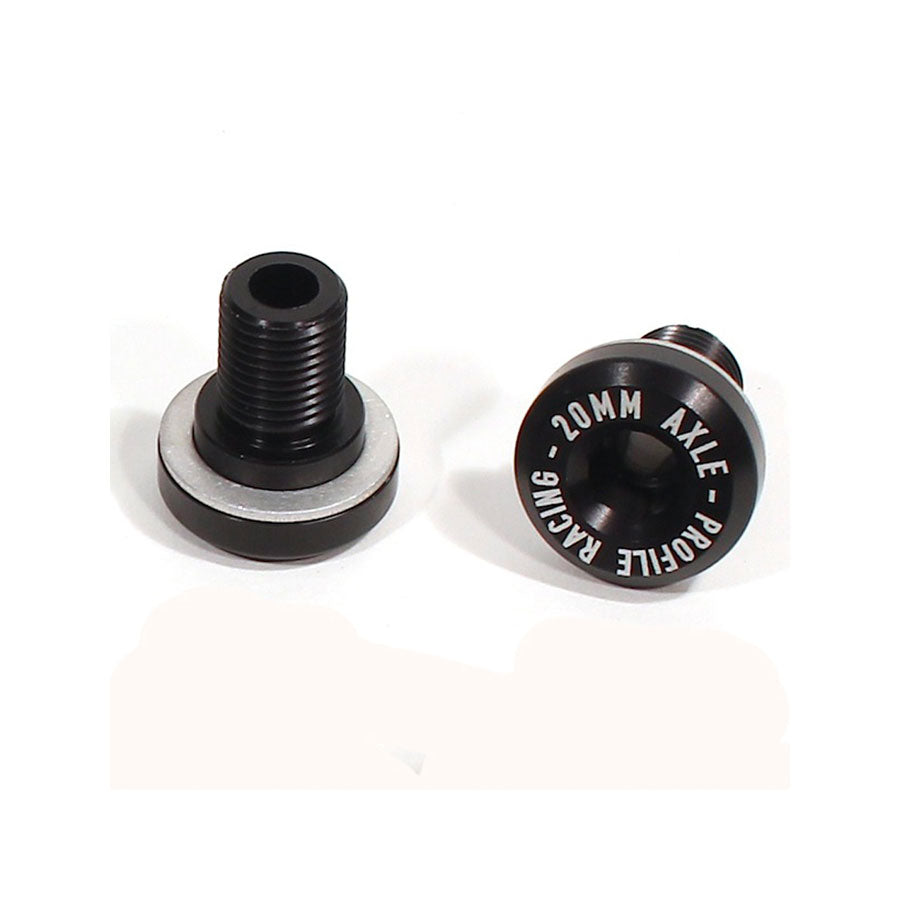 A pair of black and white Profile Elite Front Hub Bolts (20mm) with internal thread on a white background.