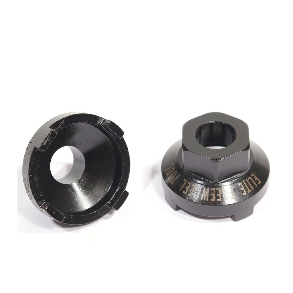 Product description: Profile Elite Freewheel Removal Tool with two black metal collets on a white background.