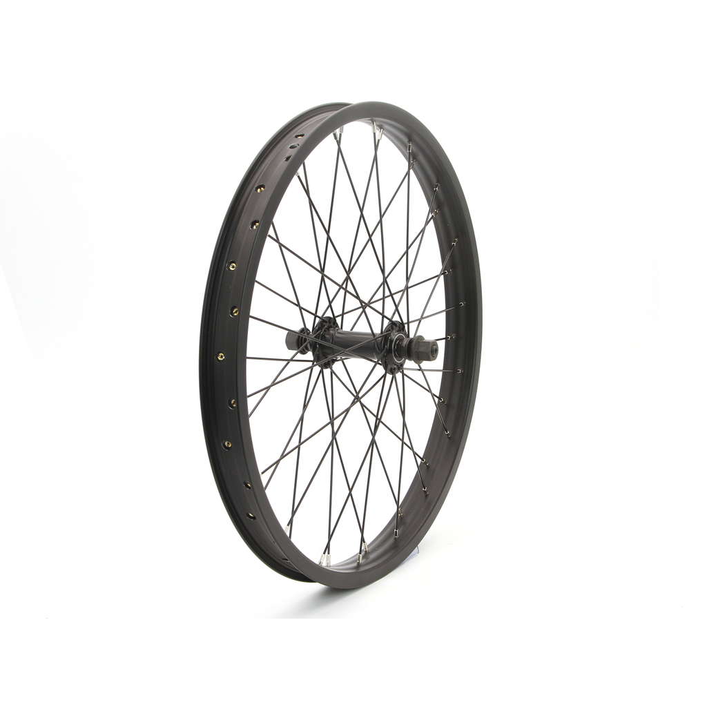 A black DRS Pro front wheel of a budget bicycle on a white background.