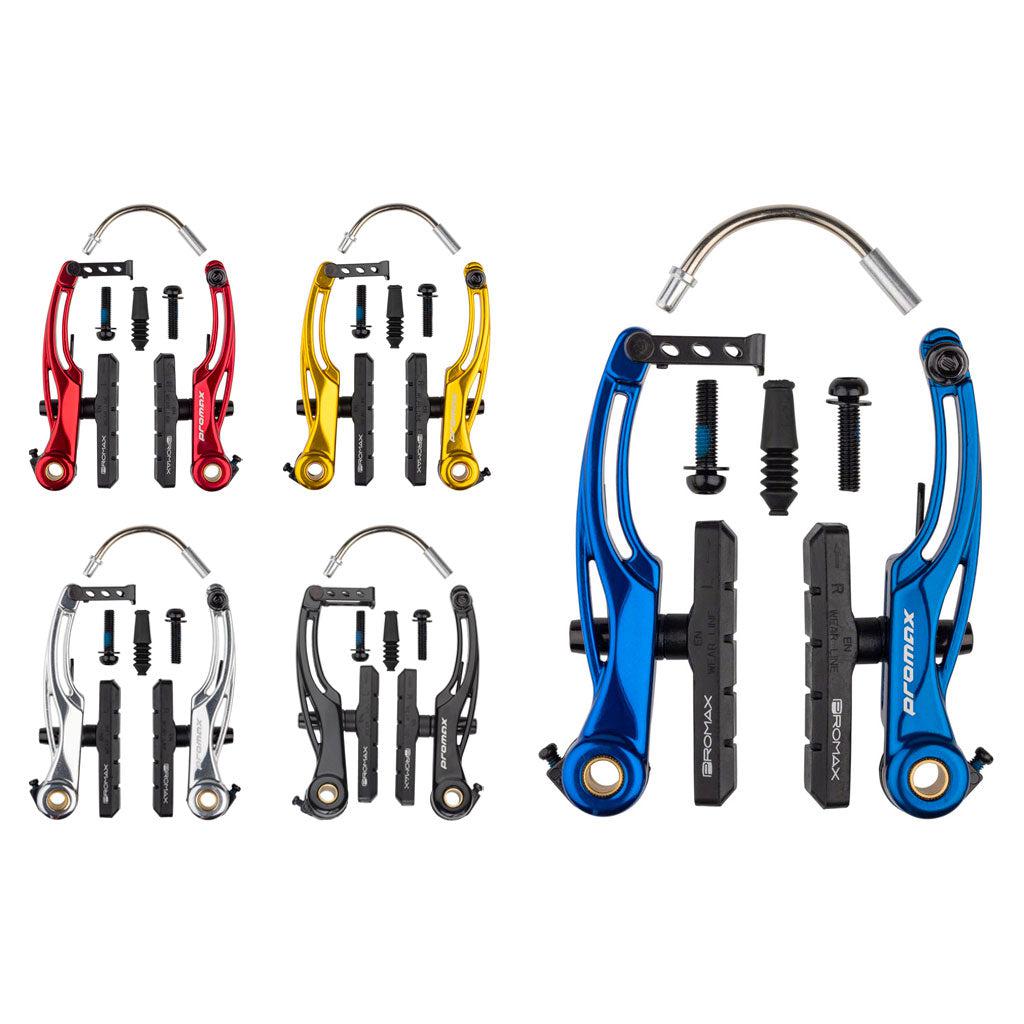 Five sets of Promax P-1 Pro V Brake (108mm) in different colors (red, yellow, black, silver, and blue) are displayed, including brake arms made from durable 6061-T6 aluminium alloy, pads, bolts, and other hardware. The blue set is shown in a larger view.