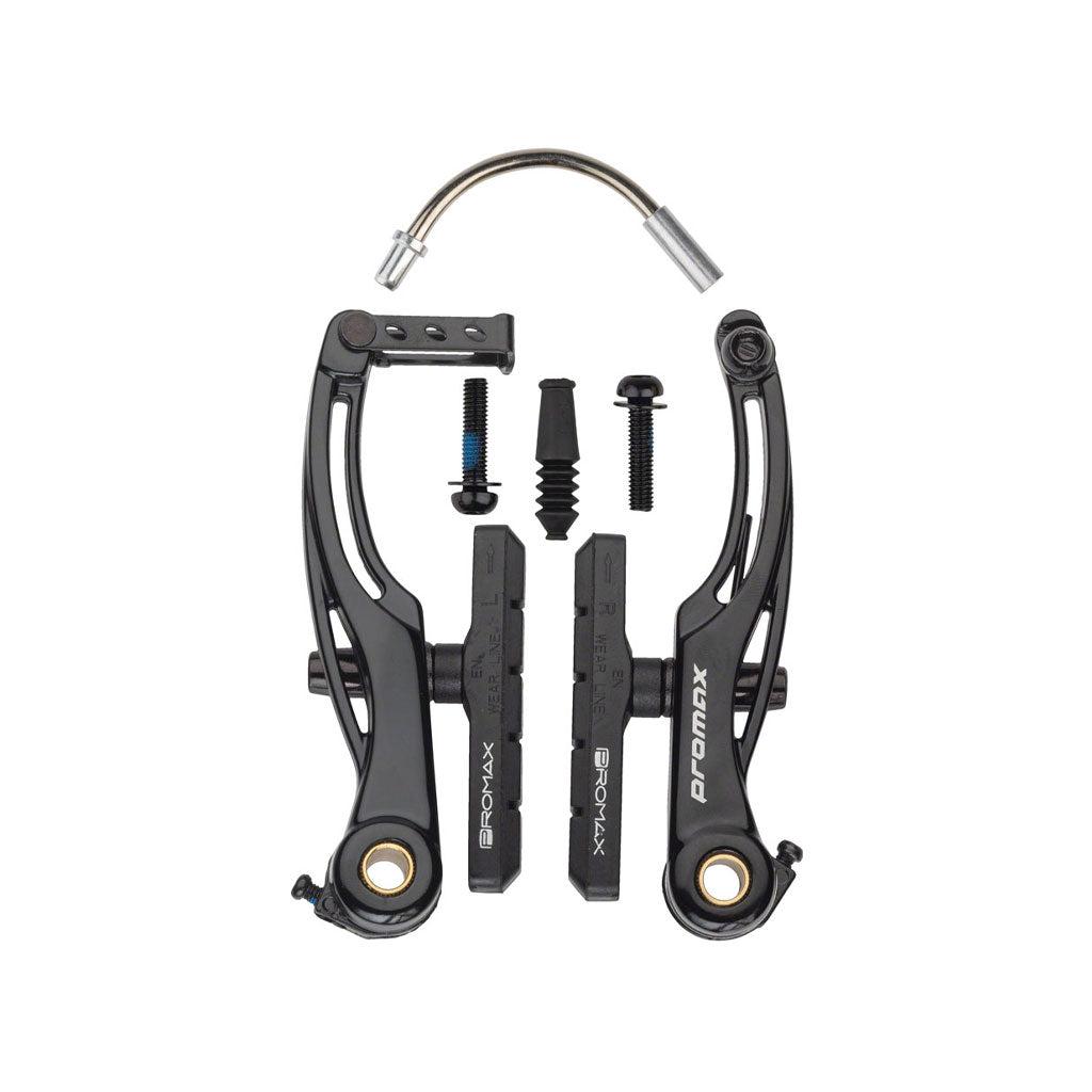 A set of black Promax P-1 Pro V Brake (108mm), made from durable 6061-T6 aluminium alloy, with brake pads, bolts, and a curved metal tube, displayed on a white background.