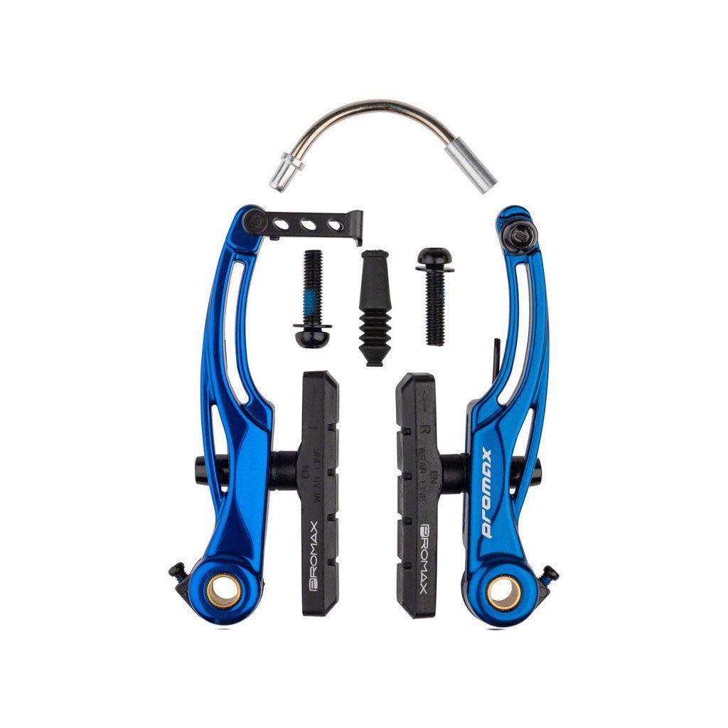 Blue Promax P-1 Pro V Brake (108mm), featuring 6061-T6 aluminium alloy brake pads, bolts, and accessories on a white background. Perfect for BMX brake systems.