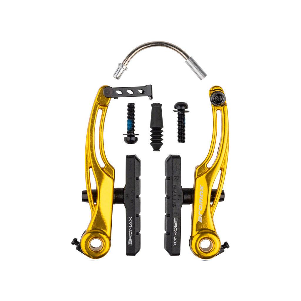 Promax P-1 Pro V Brake (108mm) with brake arms, pads, bolts, and cable guide arranged on a white background. Made of durable 6061-T6 aluminium alloy for reliable performance.
