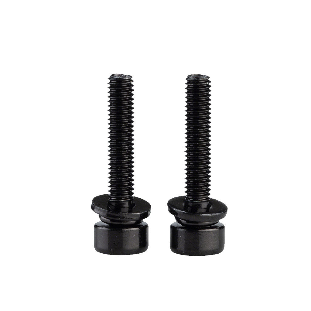 Two PROMAX M5 Disc Brake Caliper Mounting Bolts with black metal threaded shafts and flat heads stand upright on a white background, resembling tiny ready-for-action screws.