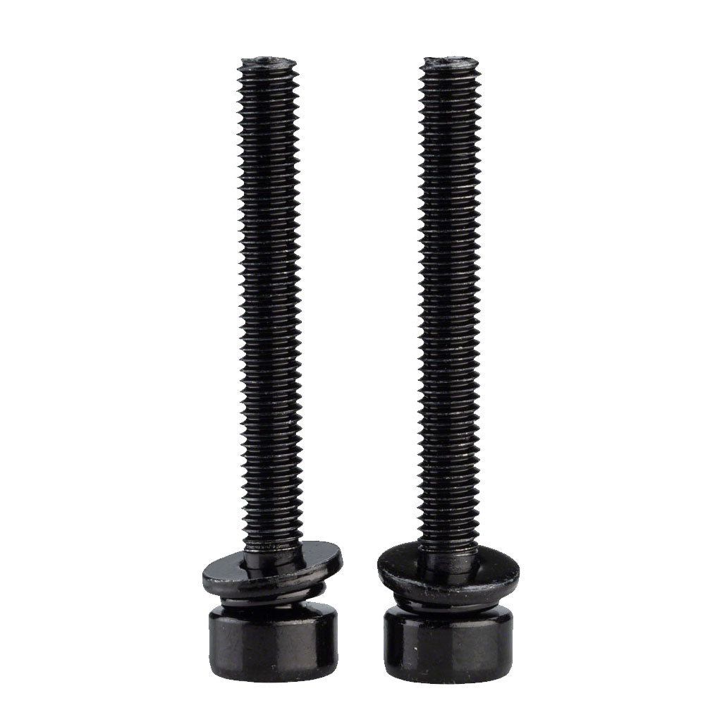 Two upright PROMAX M5 Disc Brake Caliper Mounting Bolts, featuring black threaded bodies with washers and flat heads, against a white background—ideal for securing flat mount calipers.