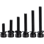 Six PROMAX M5 Disc Brake Caliper Mounting Bolts, black and of varying lengths, stand upright in a row on a white background.