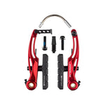 Red BMX bicycle V-brake set with black Promax P-1 Pro V Brake (108mm) and additional hardware components made from 6061-T6 aluminium alloy, all against a white background.
