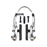 A set of BMX brake components, including Promax P-1 Pro V Brake (108mm) made from 6061-T6 aluminum alloy, pads, a cable guide, and bolts, arranged neatly on a white background.