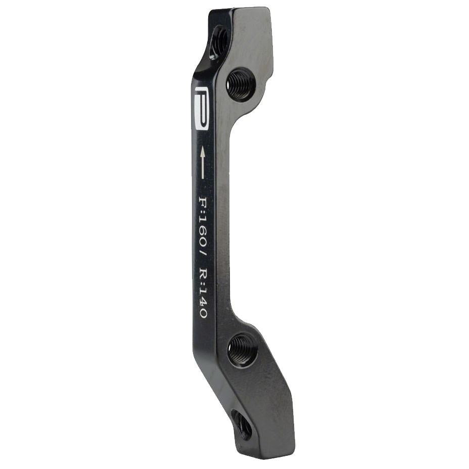 A Promax PM for IS Disc Brake Adaptor marked with "F:160 / R:140" and an arrow, compatible with a 140mm rotor. It features four mounting holes, designed for Post Mount disc brake calipers, and a logo at the top.