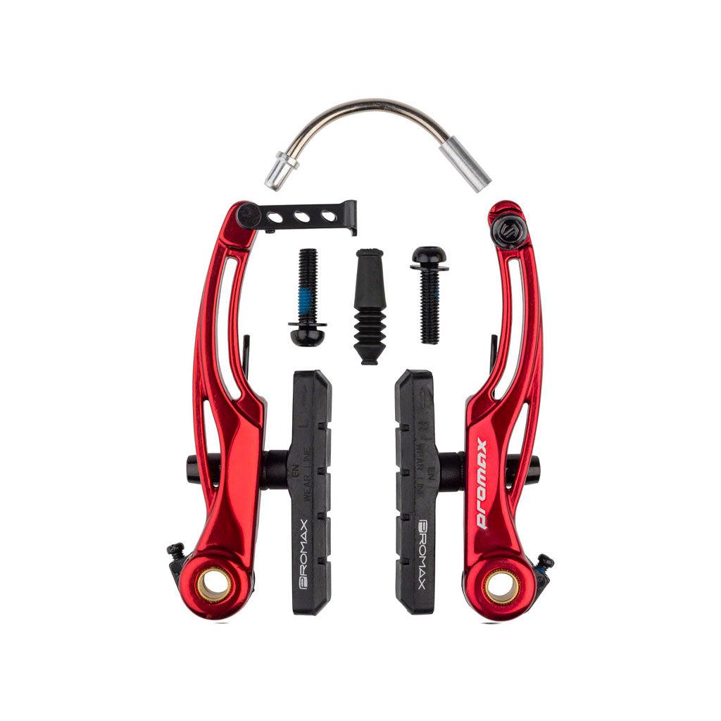 Red BMX bicycle V-brake set with black Promax P-1 Pro V Brake (108mm) and additional hardware components made from 6061-T6 aluminium alloy, all against a white background.