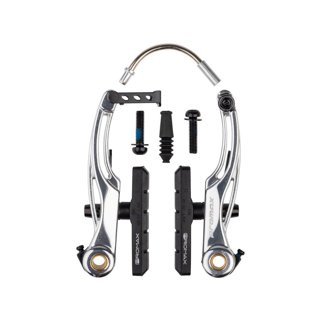 A set of BMX brake components, including Promax P-1 Pro V Brake (108mm) made from 6061-T6 aluminum alloy, pads, a cable guide, and bolts, arranged neatly on a white background.