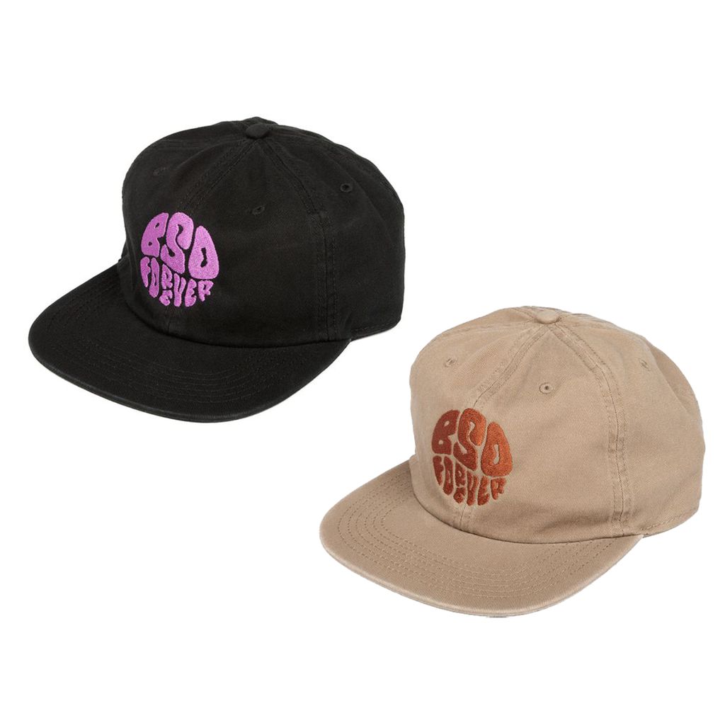 Two BSD Psyched Out Caps with "BAD FRIEND" written on the front: one black with purple text and one beige with orange text. Both hats are made of comfortable cotton and feature an adjustable fastener for a perfect fit.