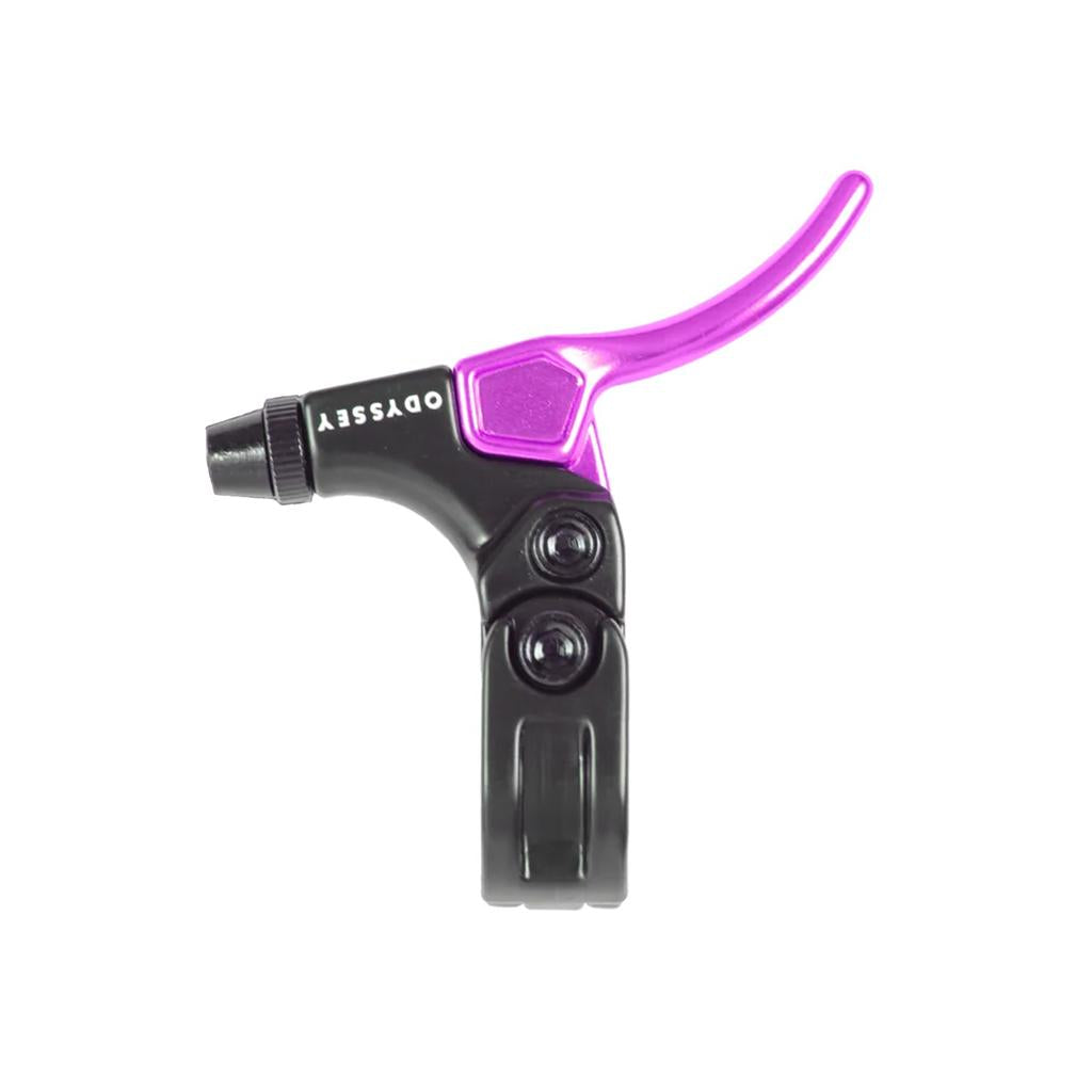 The Odyssey Monolever Short Lever is a black and purple BMX brake lever, featuring the "Odyssey" logo. This gyro compatible lever offers both style and performance for BMX riders. Photographed on a white background.