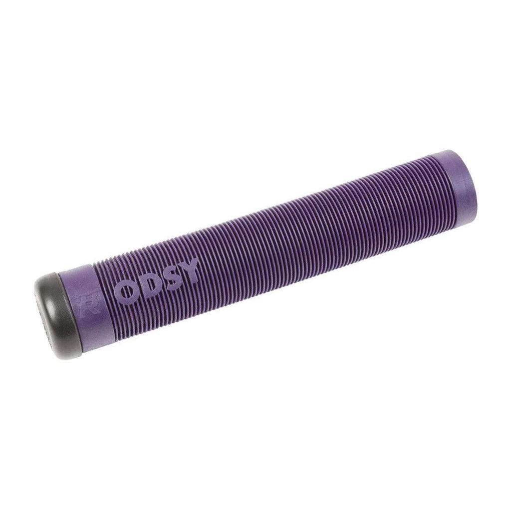 The Odyssey Broc Raiford Grips are purple, ribbed, cylindrical BMX grips with black end caps and "ODSY" on the side, designed for comfort and control.