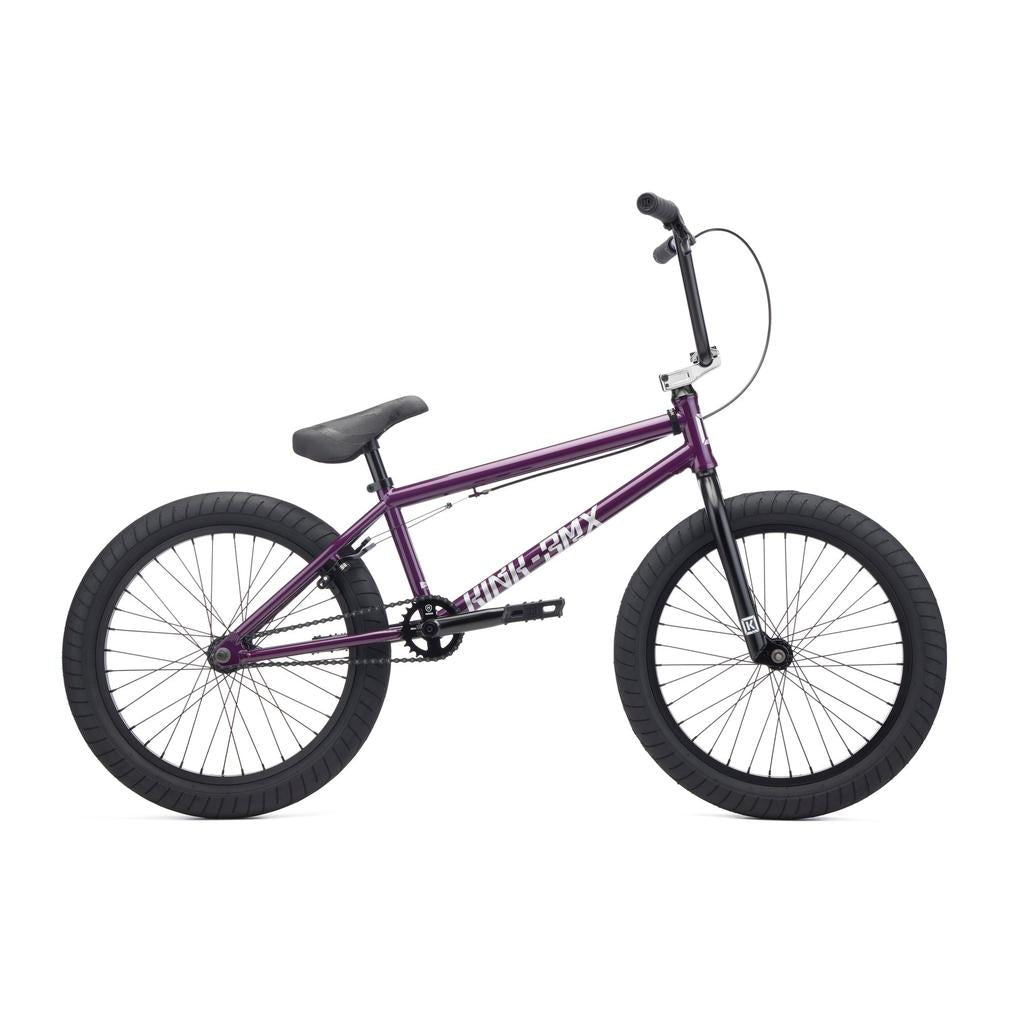 The Kink Launch 20 Inch Bike (2027) is a purple beginner BMX with black wheels and seat, "HINKLELAND" on the frame, Mission parts, shown side view against a white background.