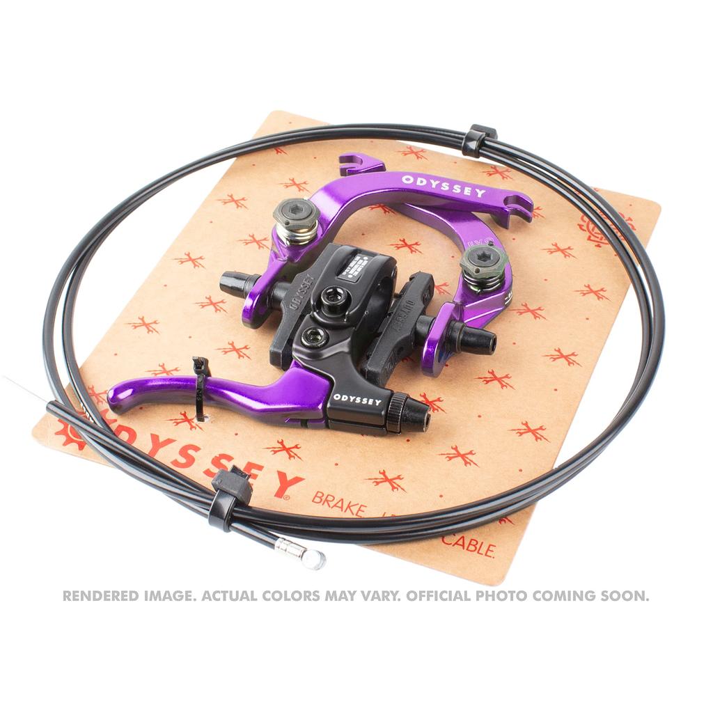 The Odyssey Evo 2.5 Brake Kit includes a brake caliper, lever, and cable for larger tire clearance, displayed in branded packaging. Rendered image shown; actual colors may vary.