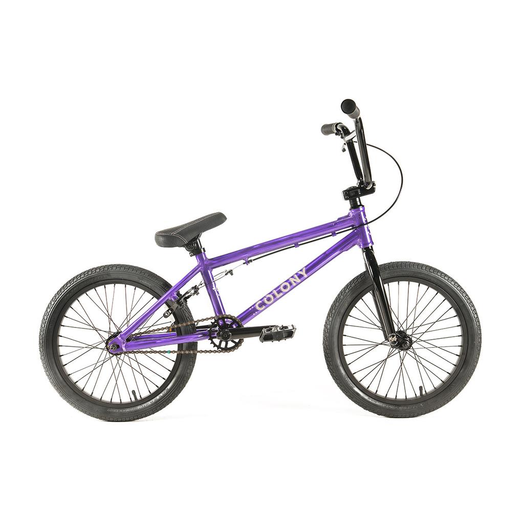 The Colony Horizon 18 Inch Bike features a lightweight purple alloy frame, black handlebars, seat, and tires, shown from the side against a white background.