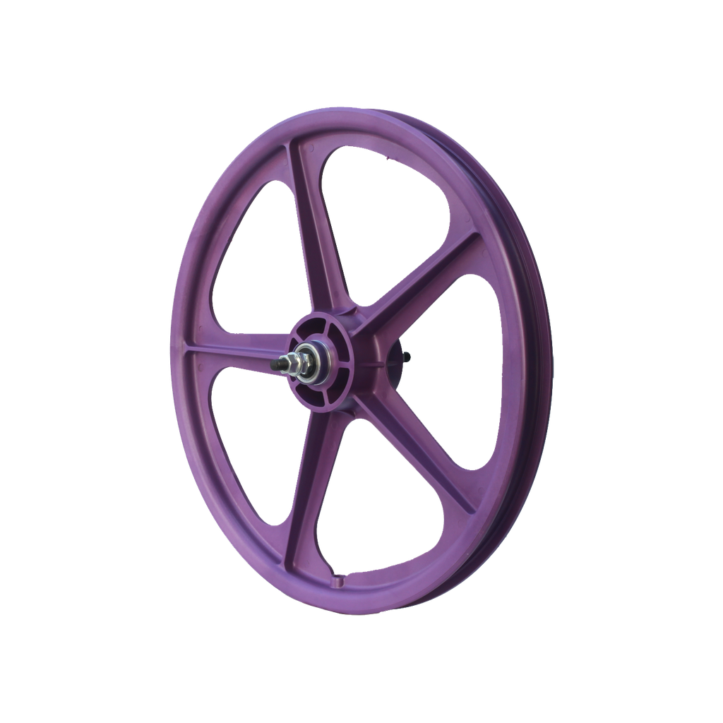 A purple Skyway Tuff 5 Spoke Rear Wheel with sealed bearing axles on a white background.