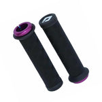 Two black Tangent Contour Lock On Grips with a slim fit and chevron texture, each featuring purple lock-on rings at both ends, shown on a white background.