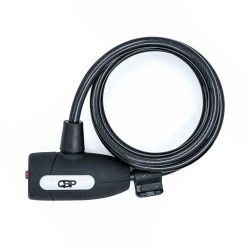 The QBP Key Lock features an 8mm x 150cm black coiled cable with a cylindrical lock mechanism, dust protector, and branded logo for enhanced security.