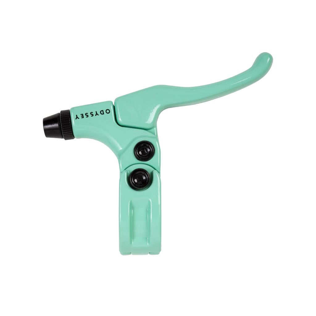 Mint green Odyssey Monolever Medium Lever, lightweight and gyro compatible bicycle brake lever, shown isolated on a white background.