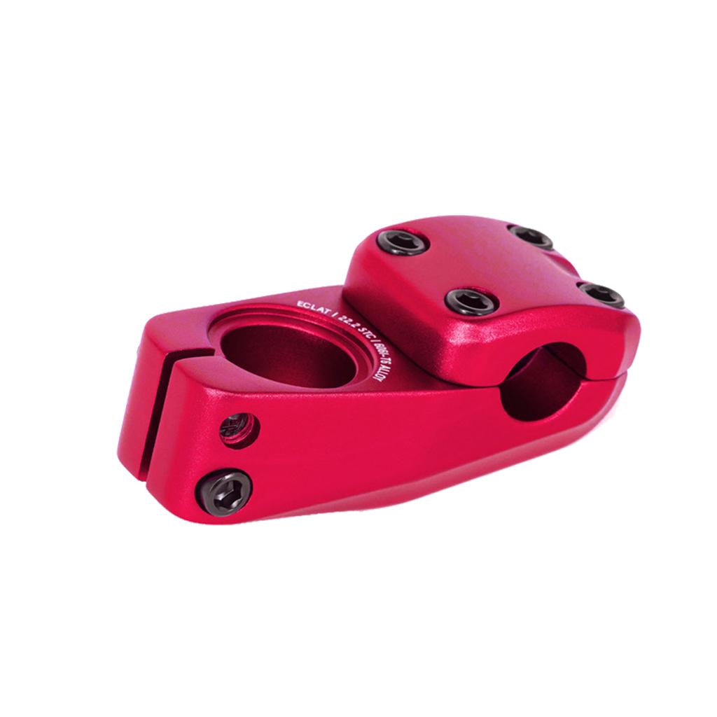 The Eclat Onyx Stem (22.2mm Clamp) features a red anodized finish, four black top bolts, two side bolts, cold-forged construction for durability, and Shark Tooth Clamping for a secure fit.