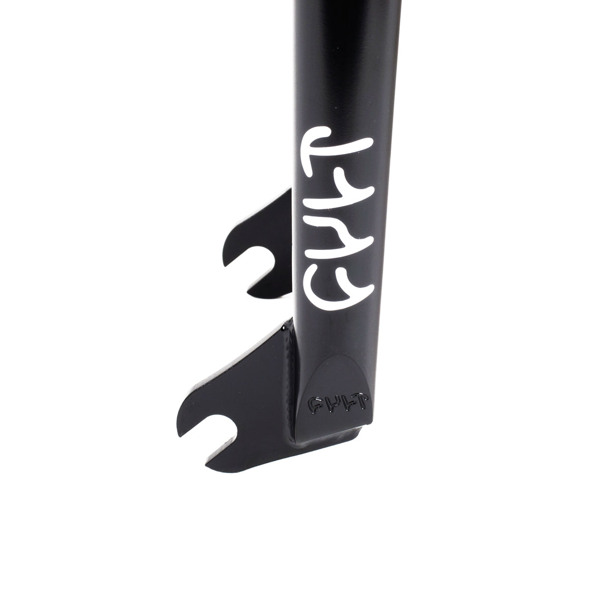 Close-up of a black Cult Race Fork (24 Inch) dropout with "CULT" in white letters, designed for 24" wheel setups.