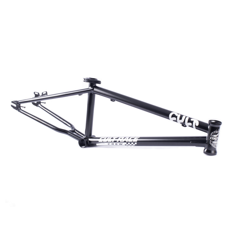 The Cult Race Disc Frame / Pro XL is a black chromoly BMX frame with white "Cult" and "Cult Race Crew" logos on the top and down tubes, displayed against a white background.