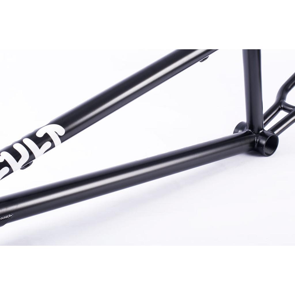 Close-up of a Cult Race Disc Frame / Pro XL, with "CULT" partially visible on the left side of the sleek chromoly BMX frame, set against a plain white background.