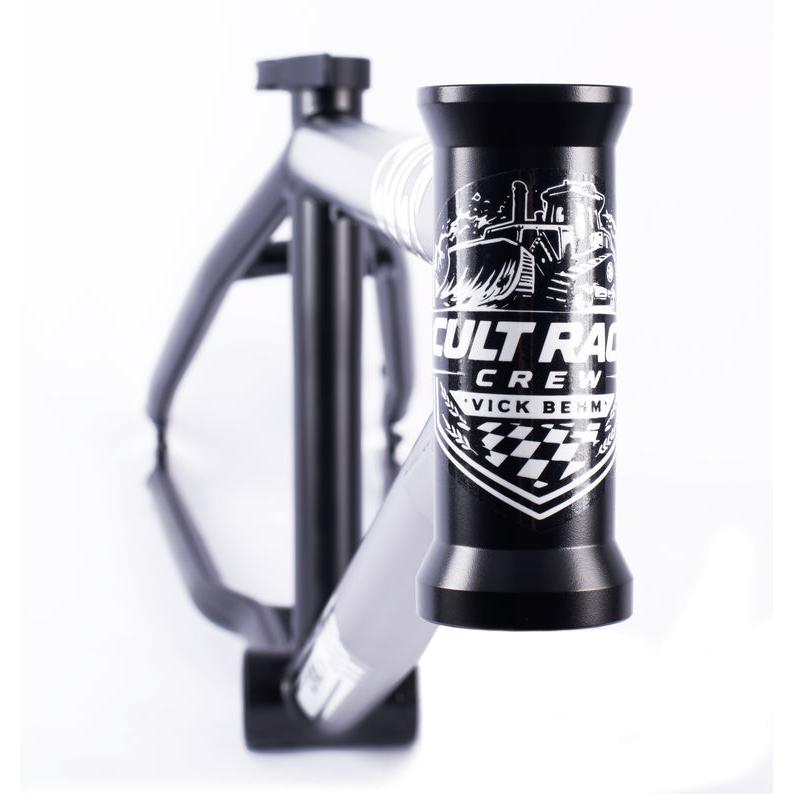 The Cult Race Disc Frame / Pro XXL BMX frame features white "Cult Race Crew" and "Vick Behm" graphics on the front, is made from durable chromoly tubing, and is shown against a white background.