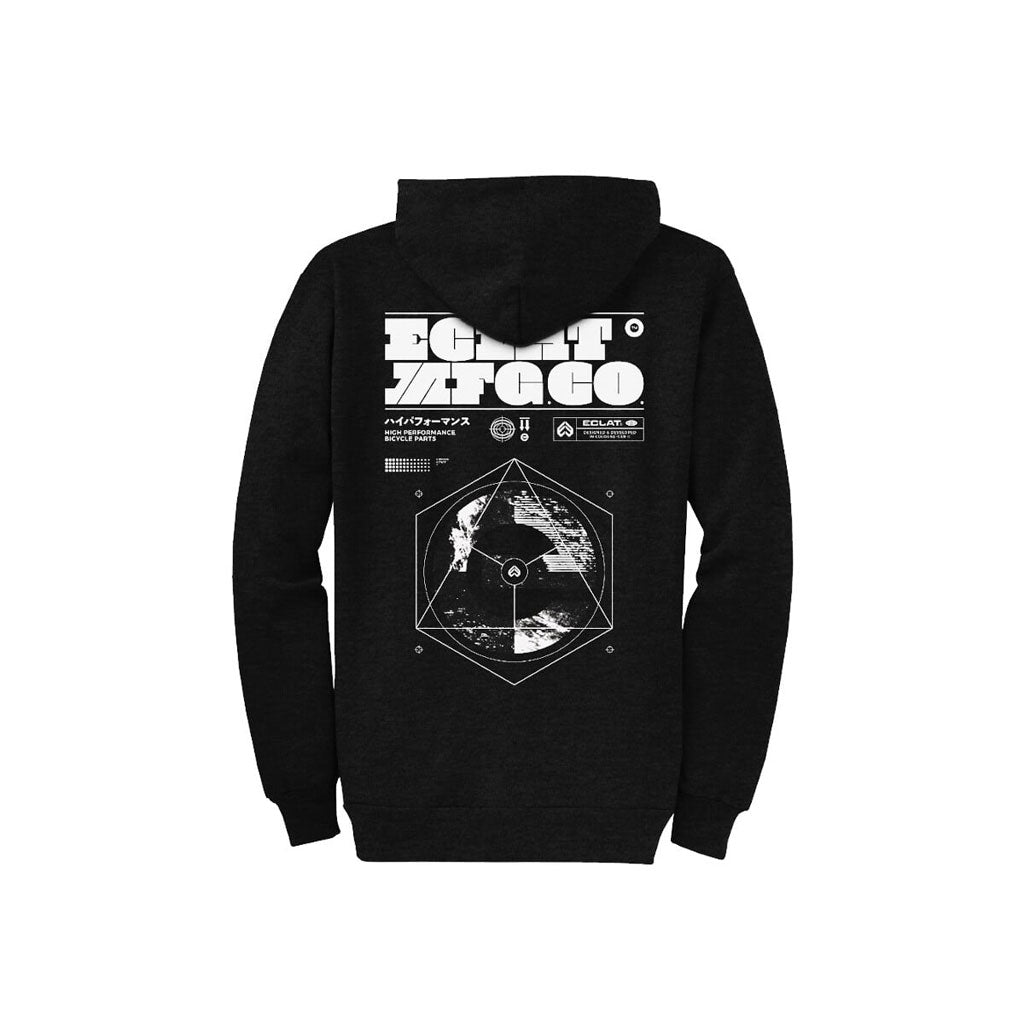 A black Eclat Radar Zipper Hoodie with white text on it.