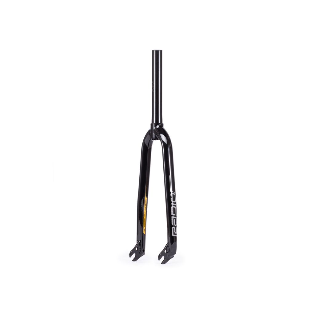The Radio Raceline Junior 20 Inch 10mm Race Fork is a black bicycle fork with a straight steerer tube and dropout mounts, crafted from 4130 chromoly and featuring lightweight tubing. It stands upright on a white background, making it ideal for both junior forks and high-performance builds.
