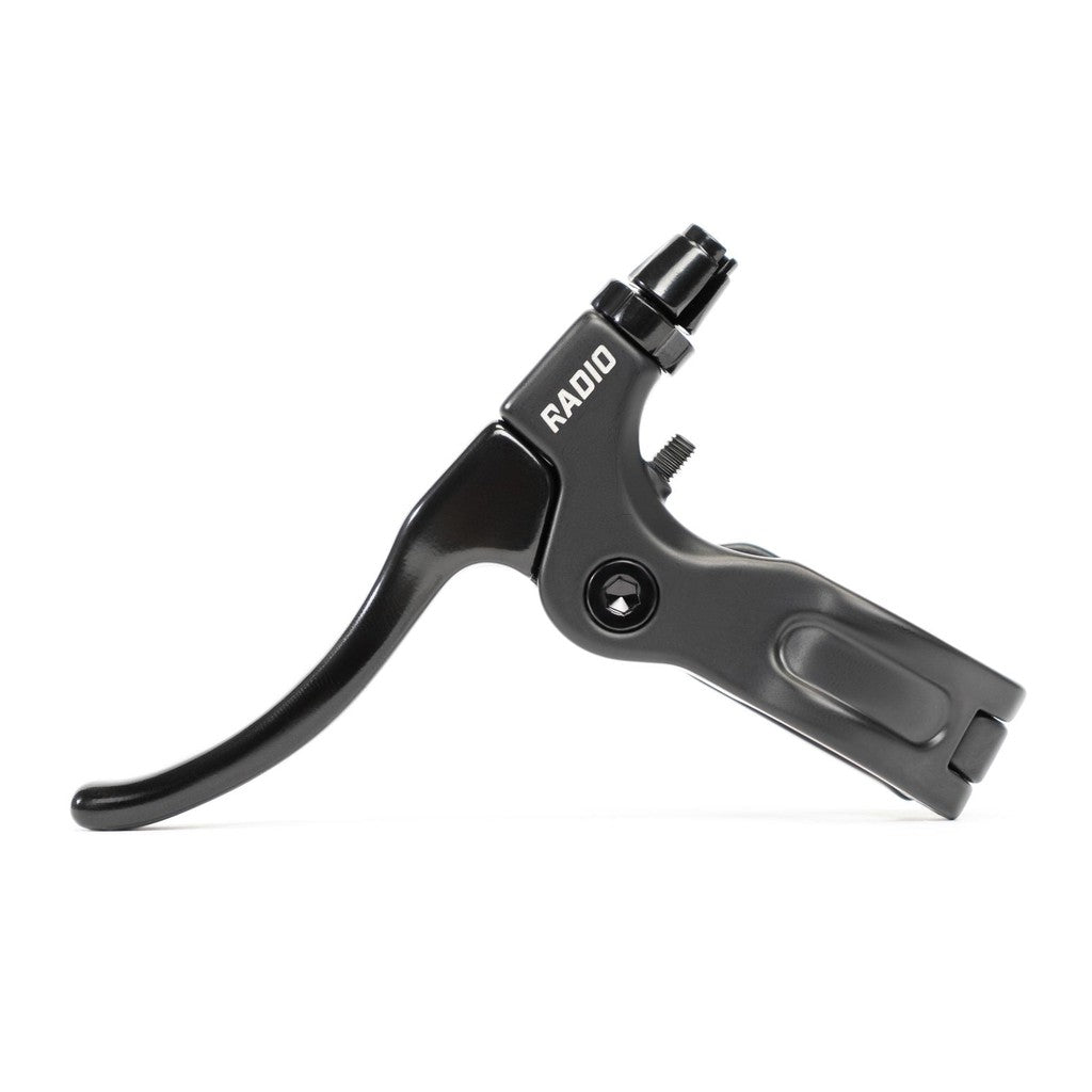 Side view of a black Radio Aeon U-Brake Lever with BMX style rotor cable and "RADIO" labeled on the 2 finger lever handle.