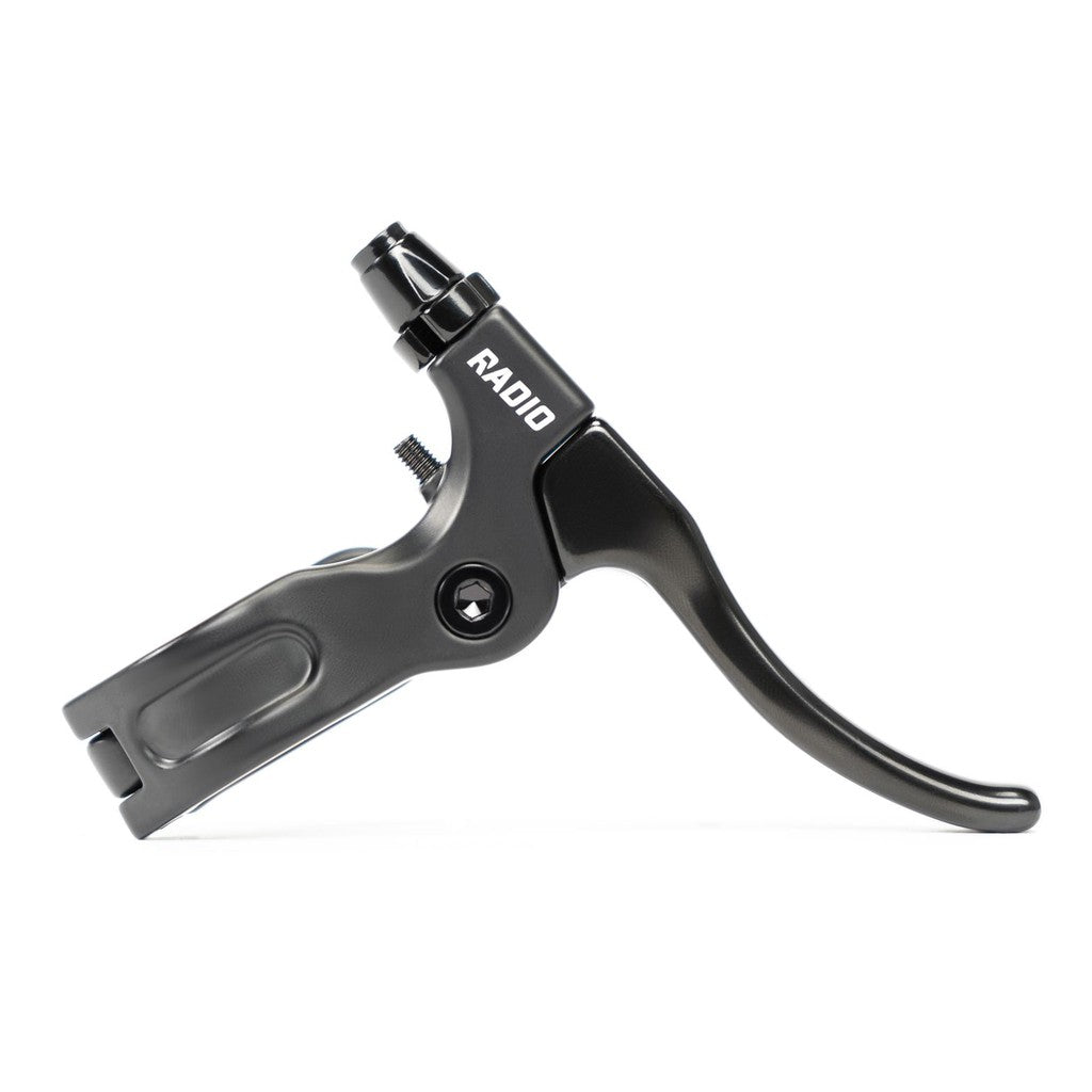 The black Radio Aeon U-Brake Lever, designed for 2-finger use, is shown side-on against a white background. Perfect for riders with mechanical disc brakes or BMX-style rotor cables.