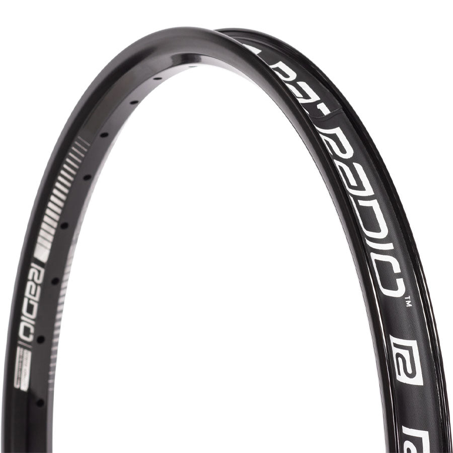 A tubeless-ready Radio Argon Pro Rim with white lettering on it.